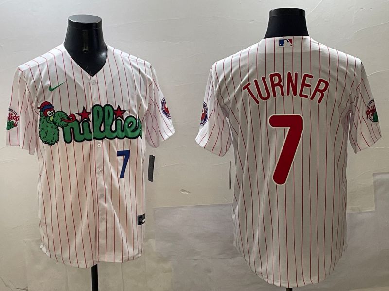 Men Philadelphia Phillies #7 Turner White Stripe Three generations Joint Name Game 2025 Nike MLB Jersey style 4->philadelphia phillies->MLB Jersey